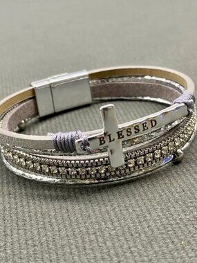 “Blessed” Multi-Layer Cross & Rhinestones Faux Leather Bracelet - Silver